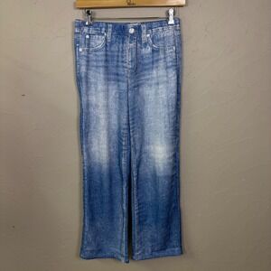 Mila Rosabella Trompe Loeil Denim Print Wide Leg Pants Womens Large Blue Stretch